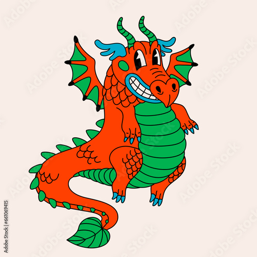 Retro style groovy cartoon dragon. Vintage 70s a funny smiling dragon charact...