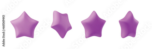 Set of violet stars different shapes. Realistic 3d design cartoon style. vector illustration