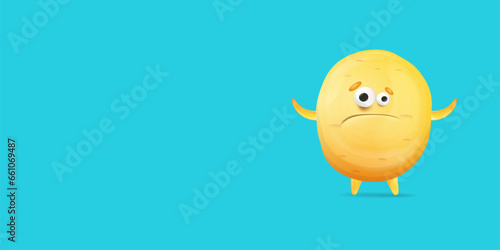 Vector cartoon funny yellow alien monster isolated on blue background. Sad silly yellow monster print sticker design template. Cute sad Ghost, troll, gremlin, goblin, devil and halloween monster