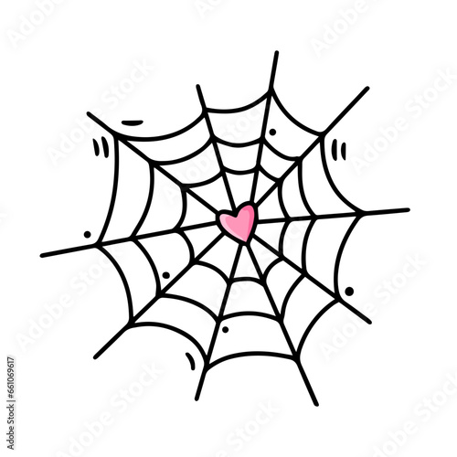 Pink heart in cobweb. Love Trap. Spooky Halloween Spiderweb for party decoration. Isolated object on white background, clipart. Vector illustration.
