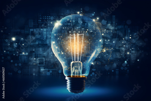 Glowing bulb with intricate digital interface on a deep blue background
