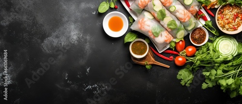 Explore Vietnamese cuisine with a neat flat lay featuring a delightful bowl of pho and fresh spring rolls, providing an inviting empty space for varied use. photo
