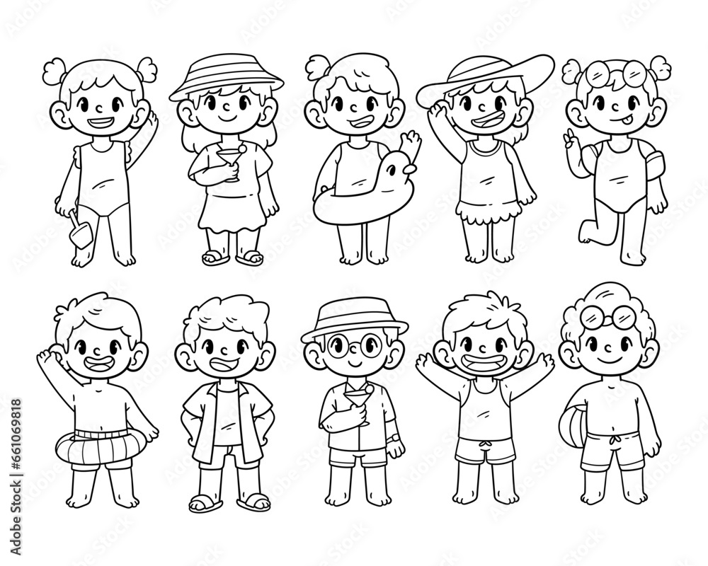 Set of kids character wearing summer costume with a hand-drawn outline sketch illustration
