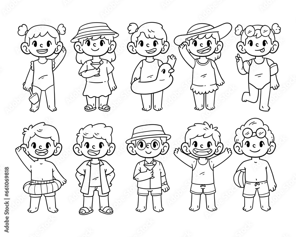 Set of kids character wearing summer costume with a hand-drawn outline sketch illustration Set of kids character wearing summer costume with a hand-drawn outline sketch illustration
