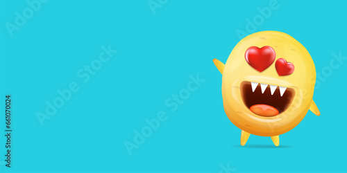 Vector cartoon funny yellow alien monster with heart eyes isolated on blue background. Silly monster print sticker design template. Cute Ghost, troll, gremlin, goblin, devil and halloween monster
