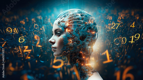 artificial intelligence head with written data futuristic background