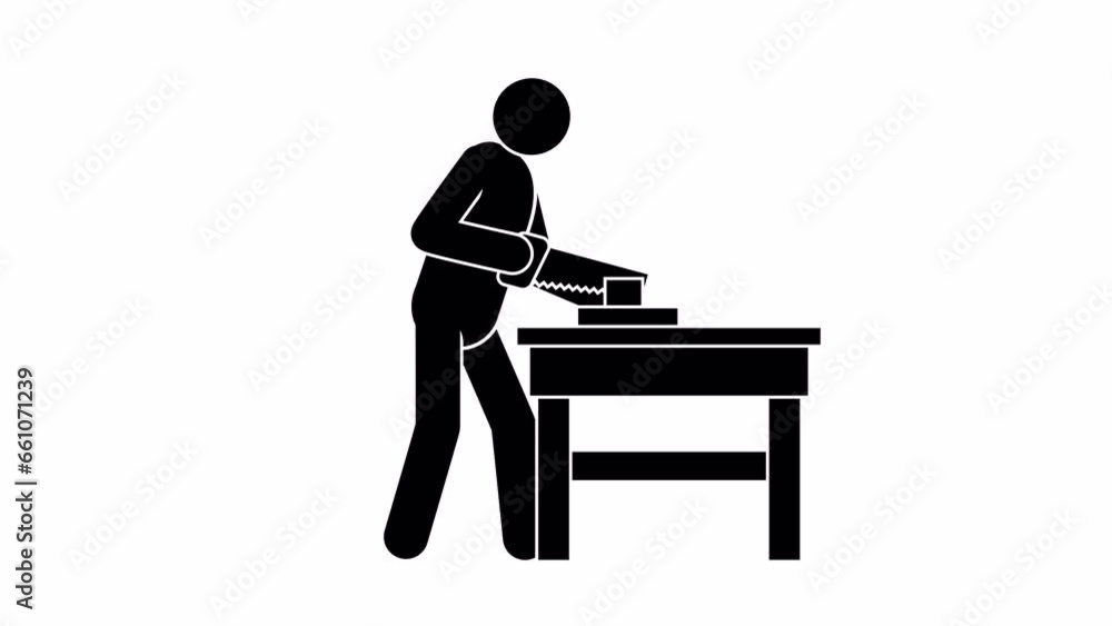 Pictogram of worker working with hand saw on workbench. Handyman with saw - animated stickman. 2D looped animation with alpha channel. Pictogram of worker working with hand saw on workbench. Handyman with saw - animated stickman. 2D looped animation with alpha channel.