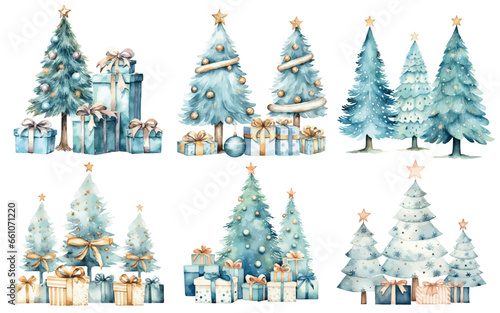 Watercolor Christmas trees with present gift boxes Baby Blue and Soft Peach color vectors
