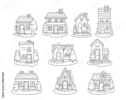 Winter house with a hand-drawn outline sketch collection