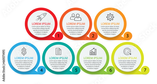 infographic template design, minimalist concept, interconnected circles with 9 steps, lines and colors in each step, good for your business presentation