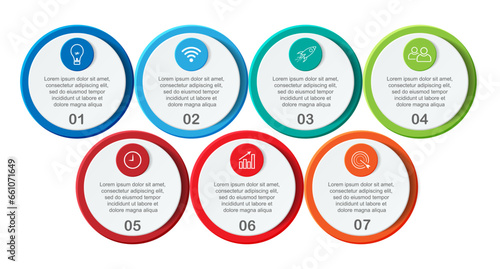infographic template design, minimalist concept, interconnected circles with 9 steps, lines and colors in each step, good for your business presentation