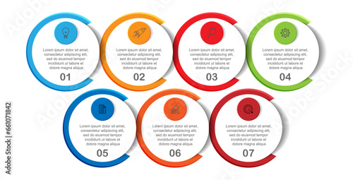 infographic template design, minimalist concept, interconnected circles with 9 steps, lines and colors in each step, good for your business presentation