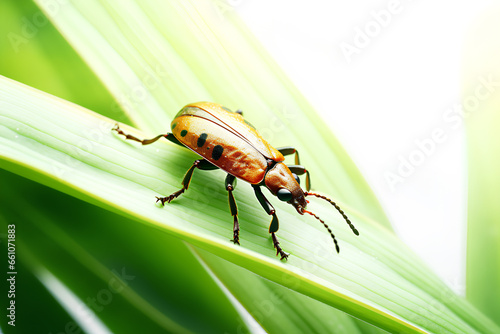 A close-up of a bug on a plant on a white background, Generative AI