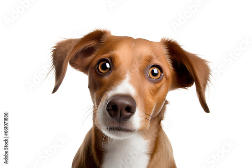 A close-up of a dog looking at the camera on a white background, Generative AI