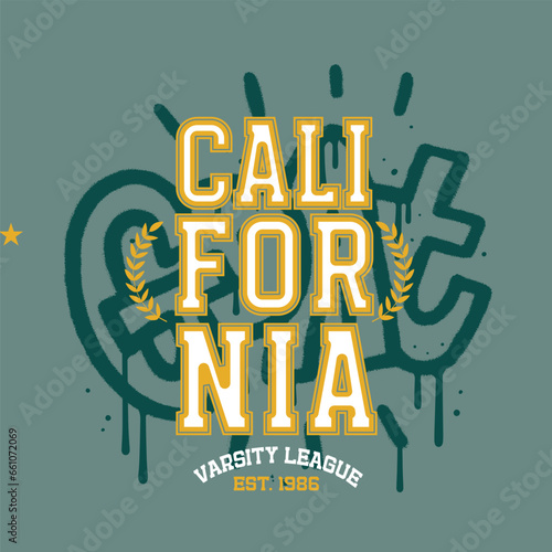 Retro college font typography California slogan print with graffiti quote GOAT for tee - t shirt and sweatshirt - hoodie. Vintage vector mixed media illustration.