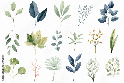 The digital watercolor illustration of various green, blue, and brown leaves with flowers plants patterns for decoration isolated on a white background, generated by AI.