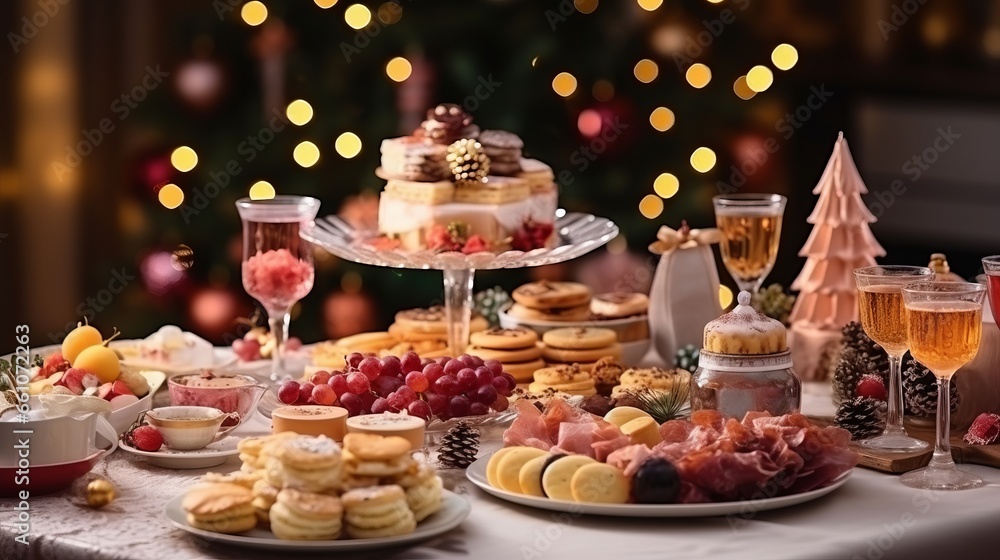 Christmas dinner table full of dishes with food and snacks in pink colors, elegant New Year decor with a Christmas tree in the background.