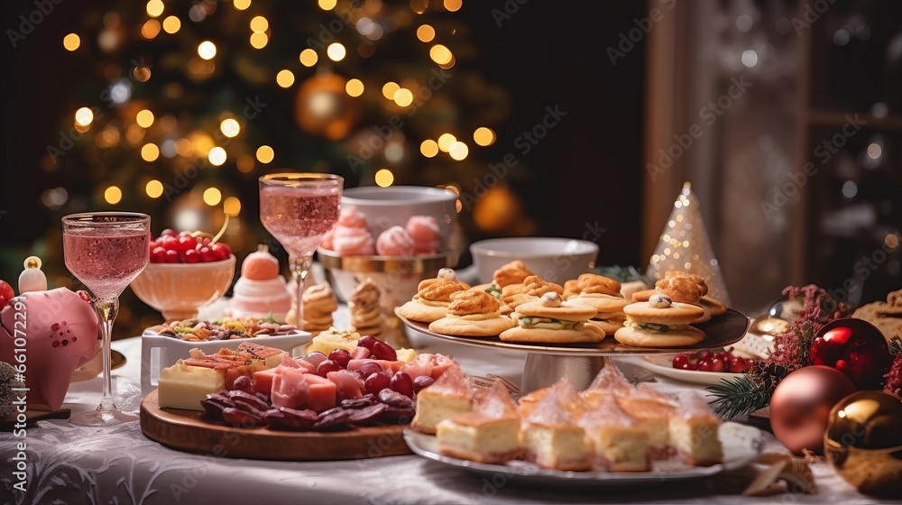 Christmas dinner table full of dishes with food and snacks in pink colors, elegant New Year decor with a Christmas tree in the background.