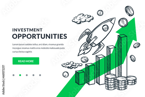 Rocket, money, stock market chart. Investment, trade, finance growth concept. Hand drawn vector sketch illustration