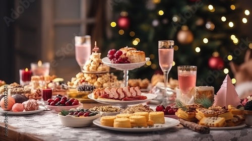 Christmas dinner table full of dishes with food and snacks in pink colors  elegant New Year decor with a Christmas tree in the background.