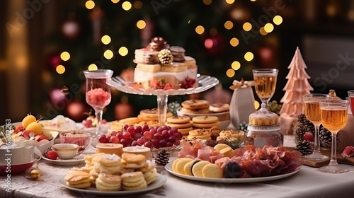Christmas dinner table full of dishes with food and snacks in pink colors, elegant New Year decor with a Christmas tree in the background. © Neuro architect
