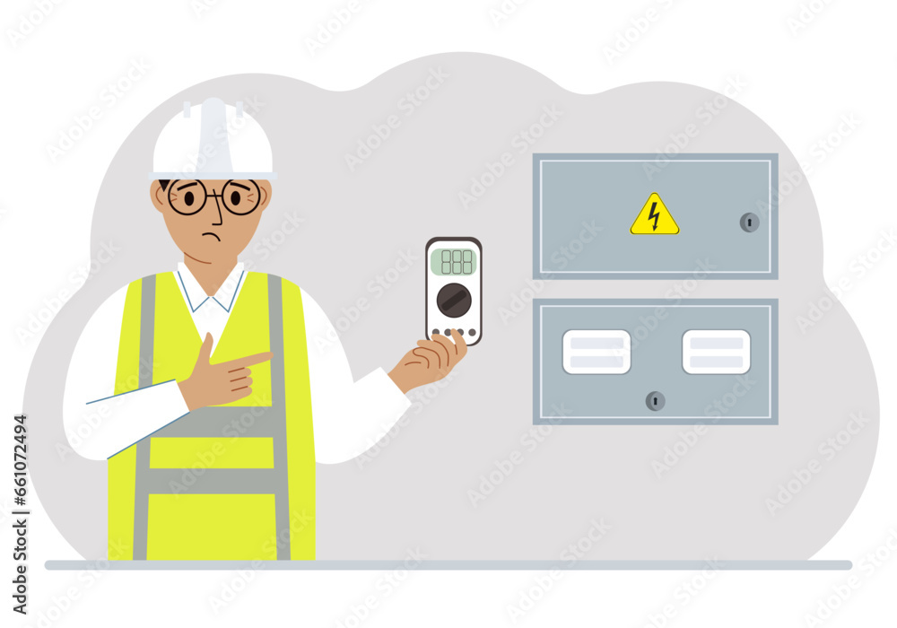 A male electrical engineer holds a digital multimeter in his hand and stands next to an electrical cabinet. A male electrical engineer holds a digital multimeter in his hand and stands next to an electrical cabinet.