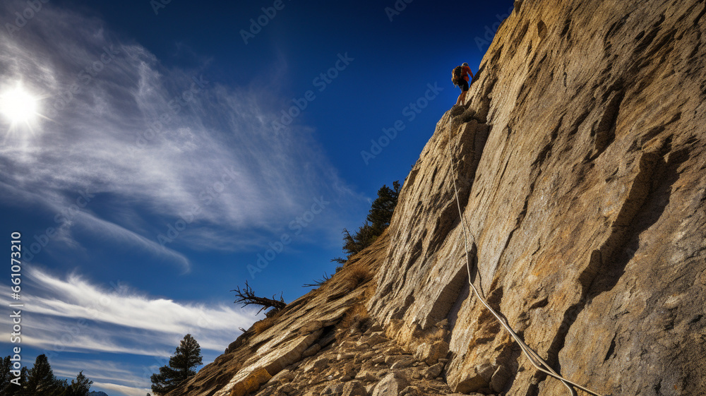 a man climbing mountain. Rock mountain background. worm eye view. Generative AI a man climbing mountain. Rock mountain background. worm eye view. Generative AI