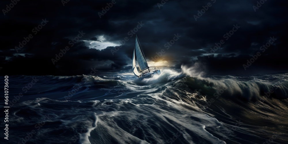 Yacht with a sail in the ocean during a storm , concept of Dramatic weather - obrazy, fototapety, plakaty 