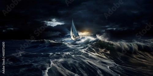 Yacht with a sail in the ocean during a storm , concept of Dramatic weather photo