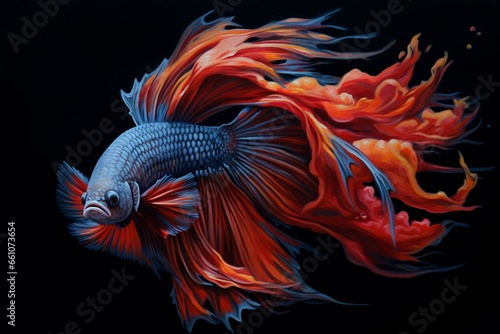 Oil paint of Siames fighting fish, betta splendens fish, and black background. Generative AI