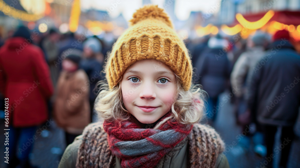 Young girl in Christmas market posing in yellow hat. Young girl in Christmas market posing in yellow hat.