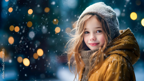 Young girl posing outdoors in the snow in December.