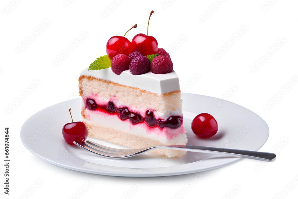 a slice of cake on a plate with a fork on a Transparent Or White Background, Generative AI a slice of cake on a plate with a fork on a Transparent Or White Background, Generative AI