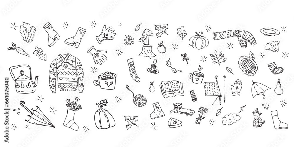 Autumn fall doodle elements collection set. Outline fall vector icons. Warm clothes, cups, leaves. Hand drawn autumn cozy sketch.