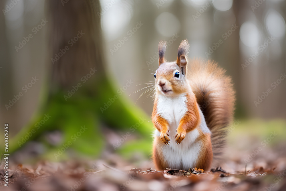 A squirrel is sitting in a forest background, Generative AI A squirrel is sitting in a forest background, Generative AI