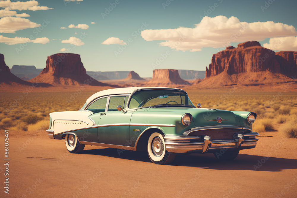 A vintage-style photograph of a classic car on Route 66, Generative AI