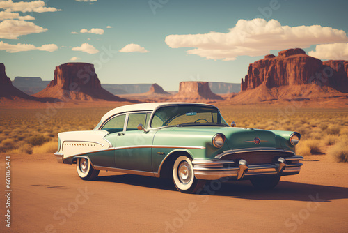 A vintage-style photograph of a classic car on Route 66, Generative AI