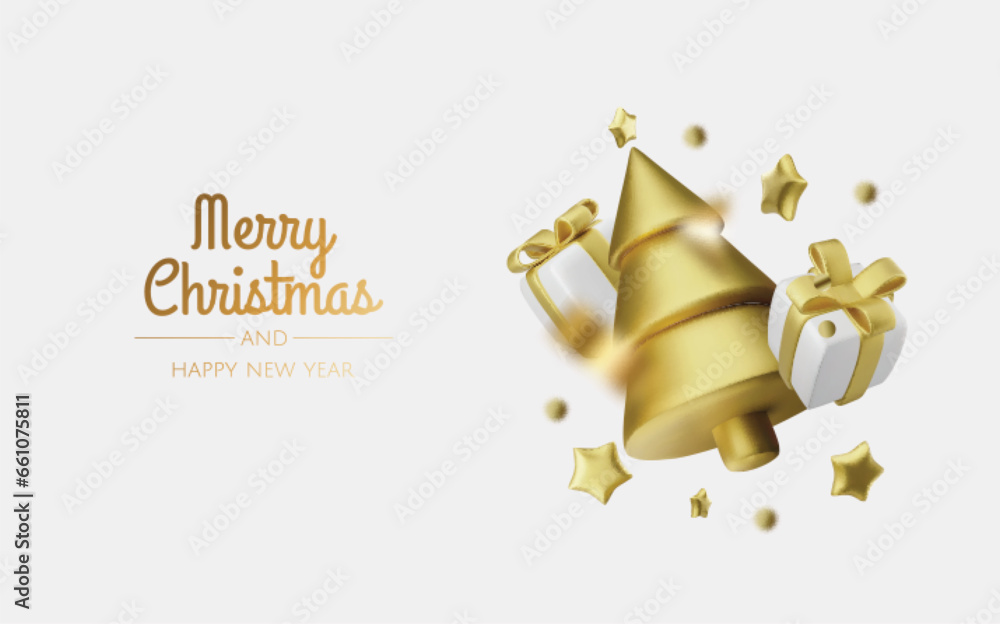 Happy New Year and Merry Christmas. Christmas holiday background with realistic 3d objects,gold and red bauble balls, conical metal stars. Levitation falling design composition. Happy New Year and Merry Christmas. Christmas holiday background with realistic 3d objects,gold and red bauble balls, conical metal stars. Levitation falling design composition.