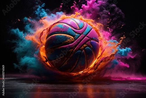 basketball in explosion of colored neon powder beautiful look with concept of energy, emotion.