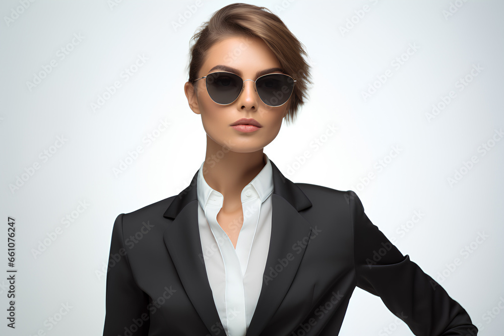 A woman in a suit and sunglasses posing for a picture on a white background, Generative AI A woman in a suit and sunglasses posing for a picture on a white background, Generative AI