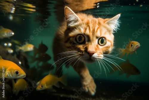 Underwater cat chasing frightened fish. Generative AI © Gable