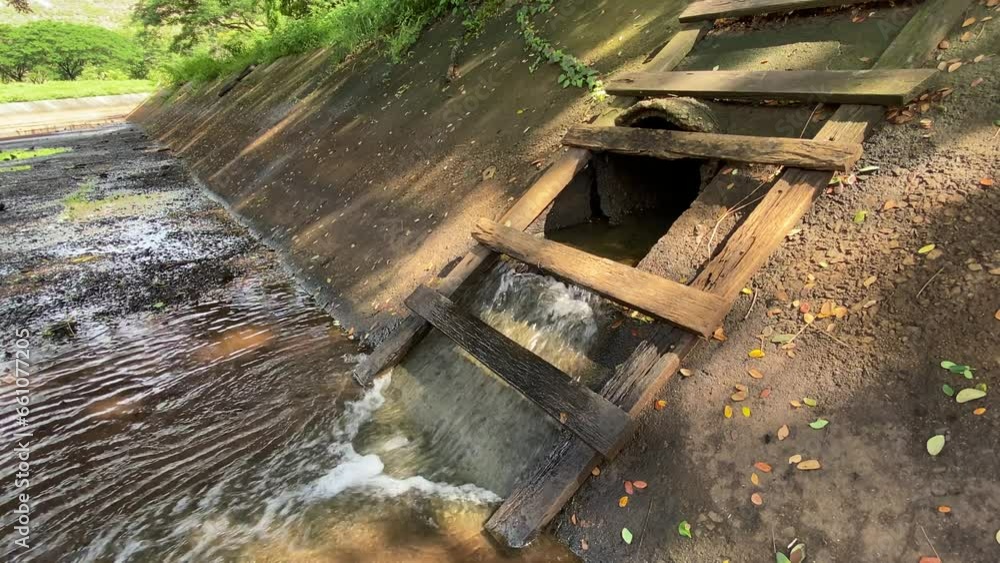 concrete water pipe that is buried underground. There is a hole in the side of the pipe, and water is flowing out of the hole. The water is clear and is flowing at a steady pace.
concrete water pipe that is buried underground. There is a hole in the side of the pipe, and water is flowing out of the hole. The water is clear and is flowing at a steady pace.