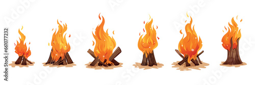 Set of Camping Burning Bonfires. Kindled Flame. Burning Firewood. Vector illustration in cartoon style.