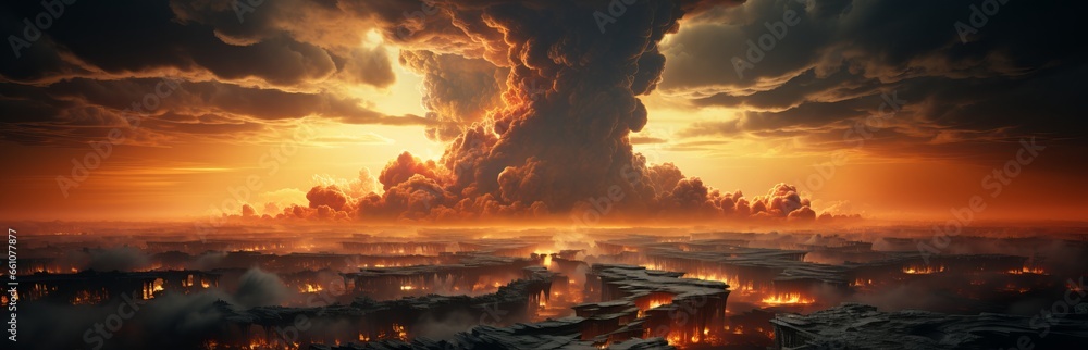 A nuclear explosion day and night from an apartment window, a stormy sky, a shock wave against the background of a nuclear mushroom in the process of releasing thermal 