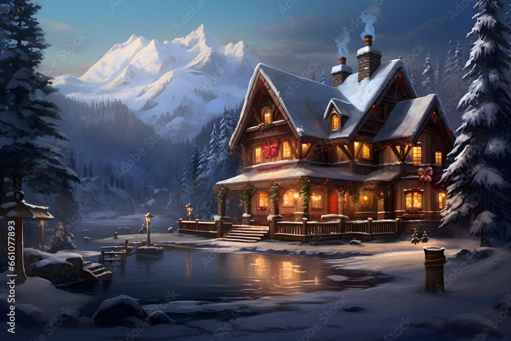 Winter retreat by Emerald Lake, A charming lodge amidst serene snowscape. High-quality illustration. - obrazy, fototapety, plakaty 