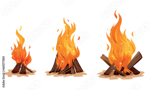 A small set of Camping burning fires. Kindled flame. Blazing Bonfires.