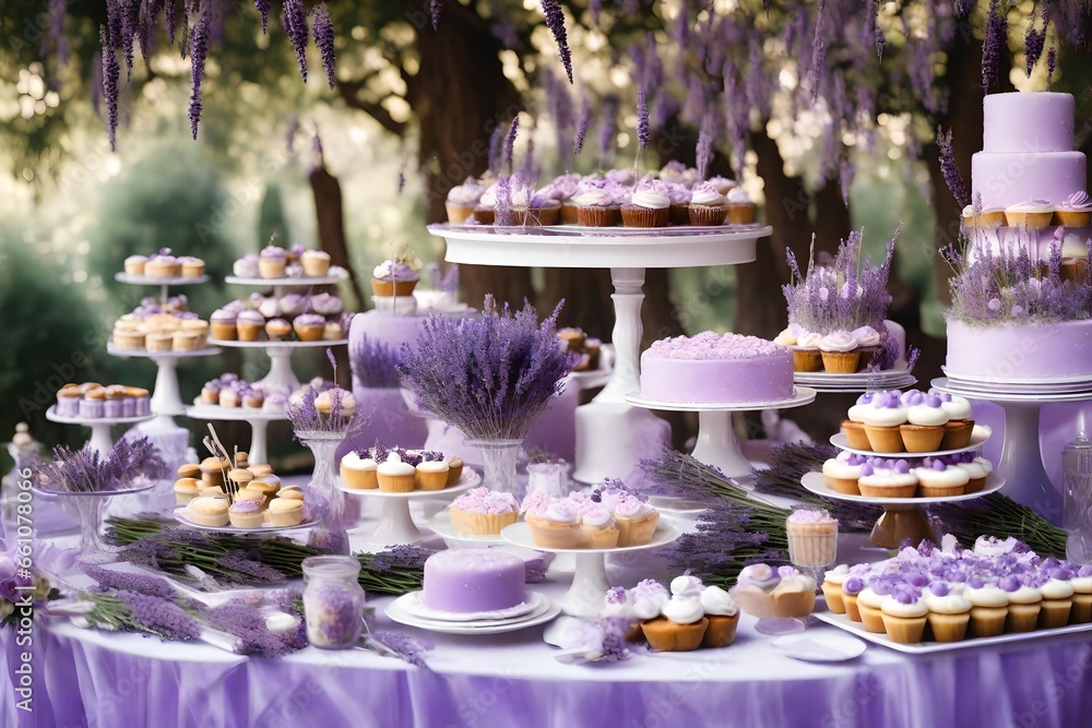 Dessert buffet table, food catering for wedding, party holiday celebration, lavender decor, cakes and desserts in a country garden,