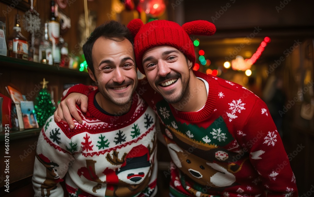 Friends are celebrating a Christmas party in ugly sweaters. Dressed up in beautiful and diverse sweaters.