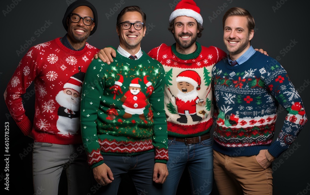 Friends are celebrating the ugly sweaters Christmas party. Dressed up people in beautiful and diverse sweaters. Friends are celebrating the ugly sweaters Christmas party. Dressed up people in beautiful and diverse sweaters.