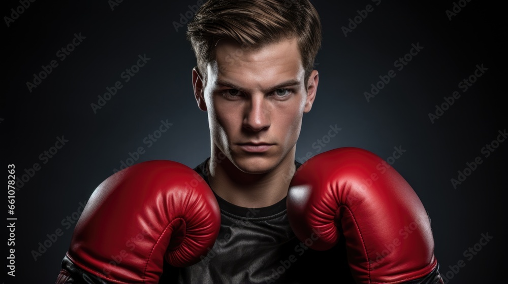 Portrait of a young male boxer with red boxing gloves looking at camera with aggressive serious expression on isolated dark background